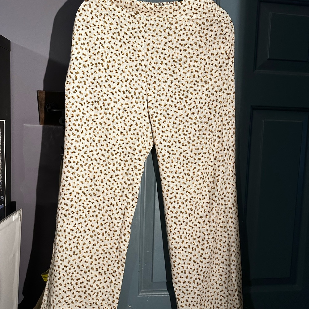 Cream Wide-Leg Pants with Brown Floral Print